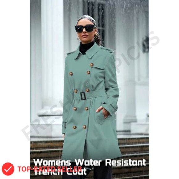 Women's Double Breasted Waterproof Trench Coat Classic Lapel Overcoat with Belt - Picture 5 of 7